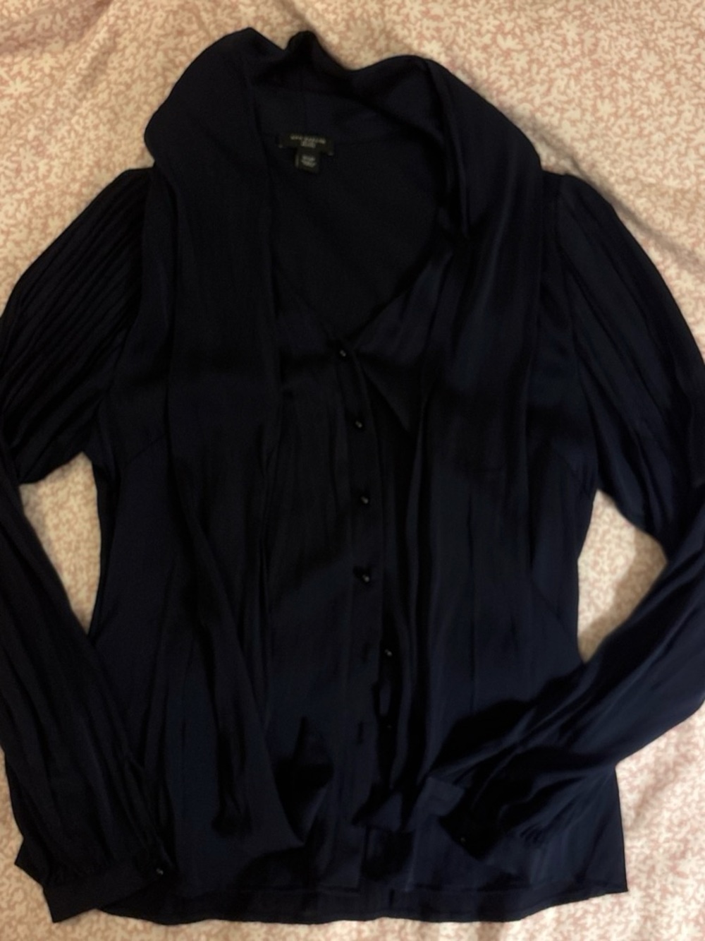 Ann Taylor Black Silk Button-Front Blouse with Tie Neck Collar